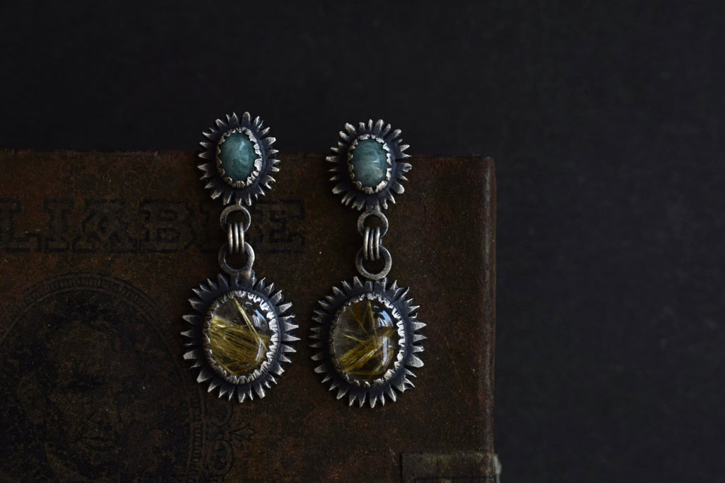 Emerald & Golden Rutilated Quartz Post Dangles