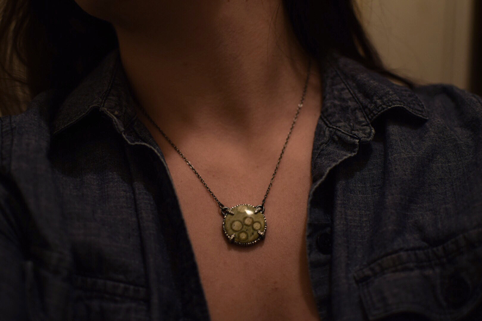 Ocean Jasper Necklace - Prong Set in Sterling Tree Bark