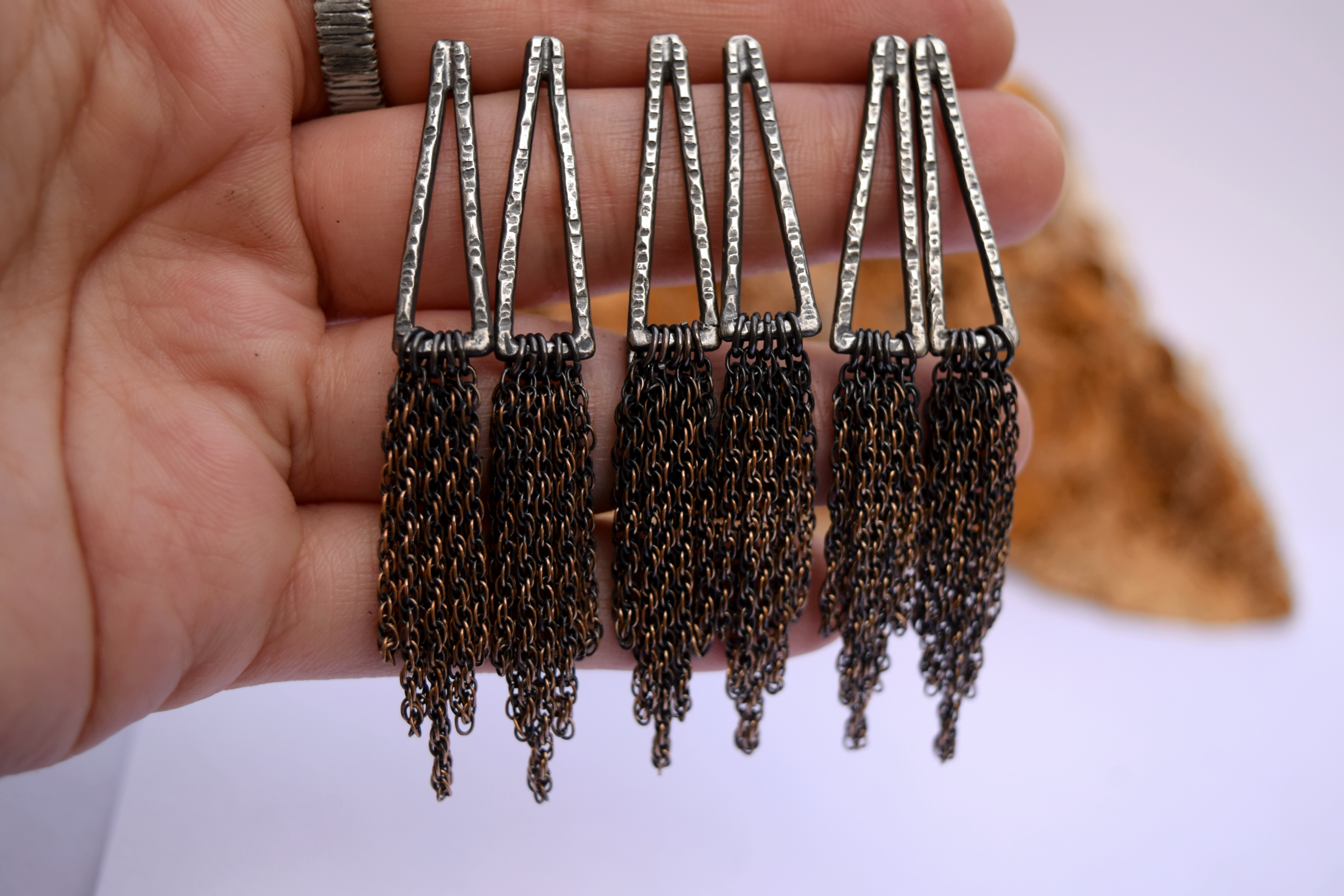 XHollow Armor Dangle Earrings - Silver and Bronze - Chain Dangles - Spike Dangles - Armor Dangles  - Post Dangles - Armor - Dangle Earrings
