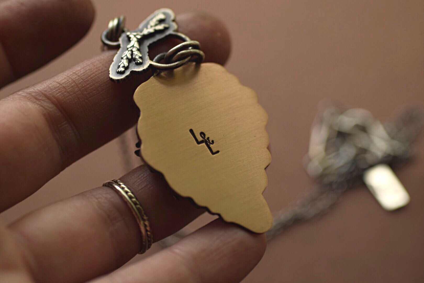 Bronze Leaf with Sterling Fern Moth Necklace