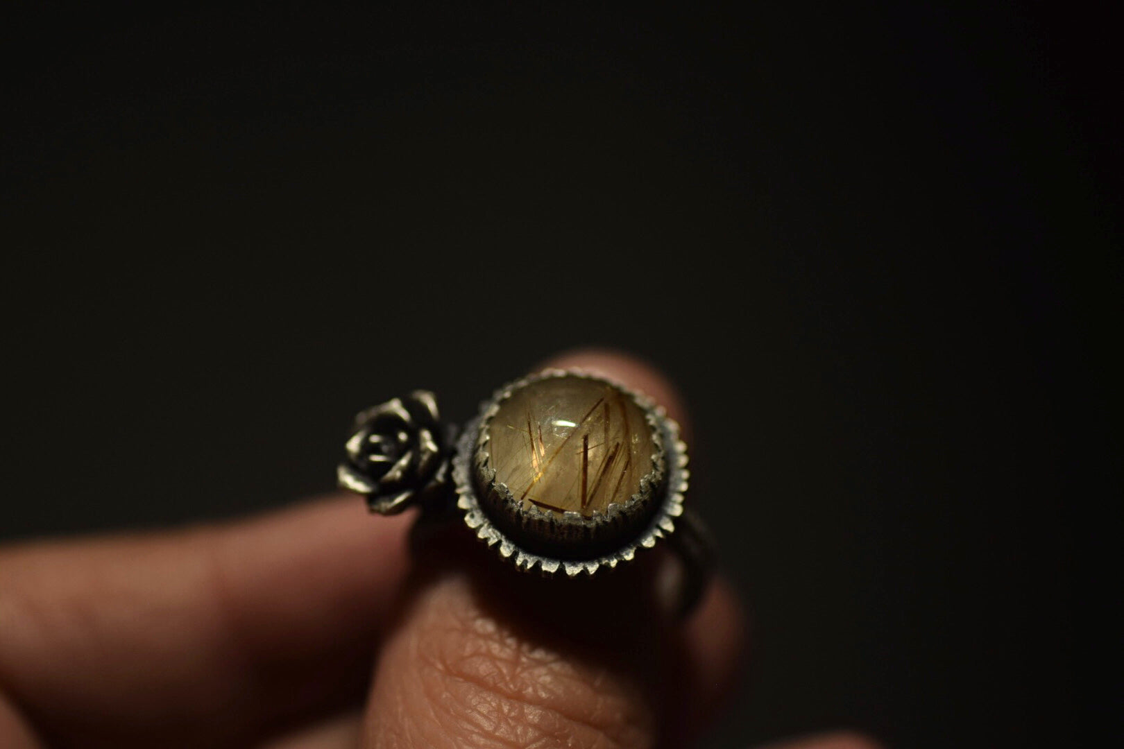 Golden Rutile Quartz & Succulent Ring - 7.25-7.5