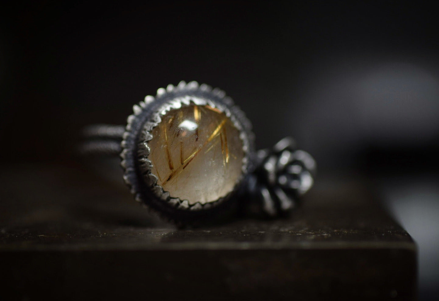 Golden Rutile Quartz & Succulent Ring - 7.25-7.5