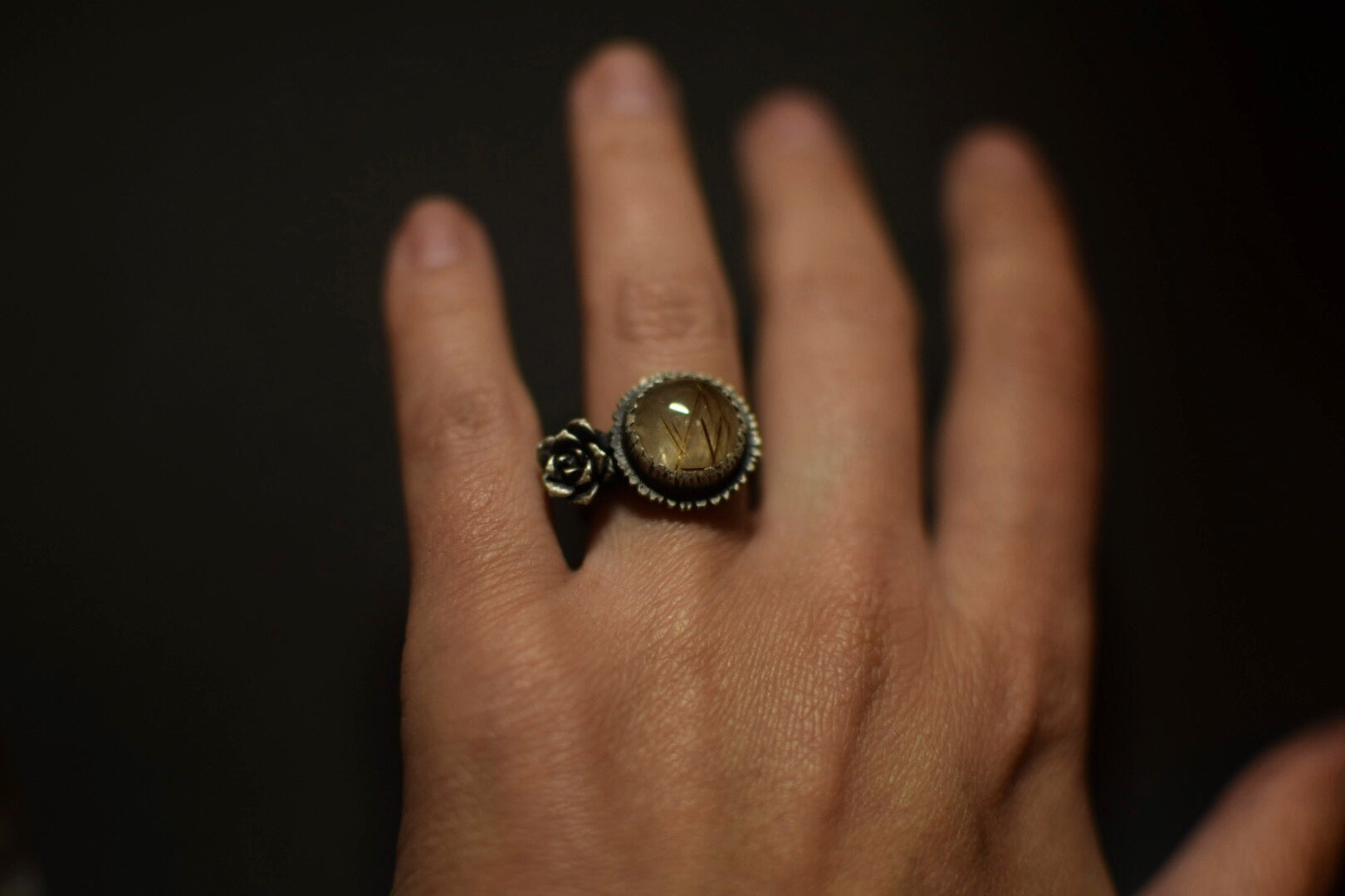 Golden Rutile Quartz & Succulent Ring - 7.25-7.5