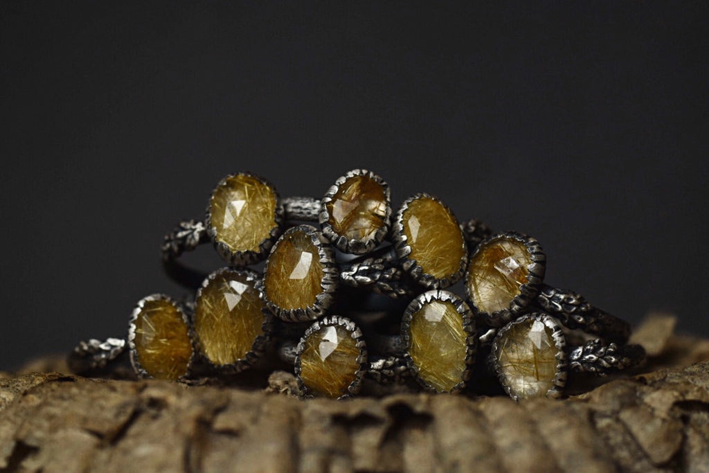 Gold Rutilated Quartz Fern Rings