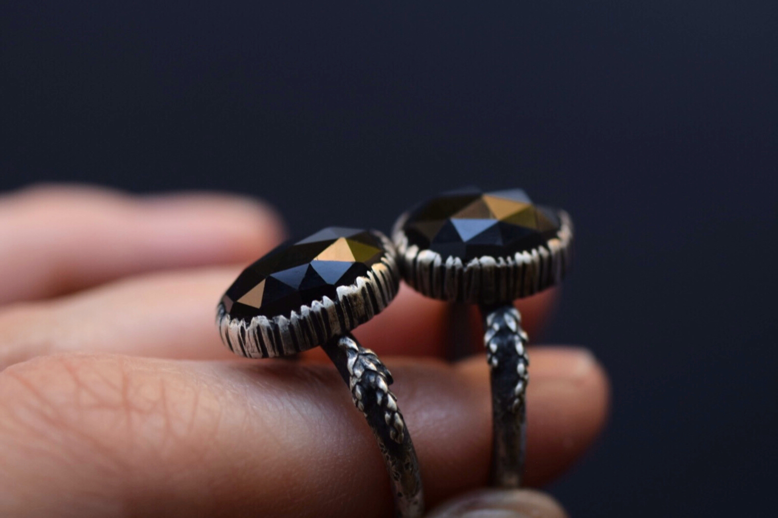 Evergreen Obsidian Fern Rings - Sizes 7, 8.5
