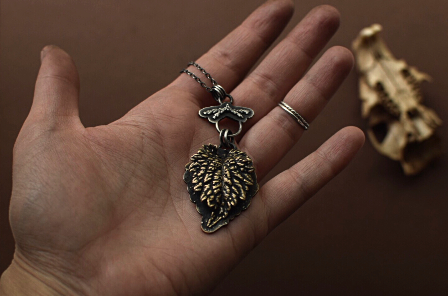 Bronze Leaf with Sterling Fern Moth Necklace