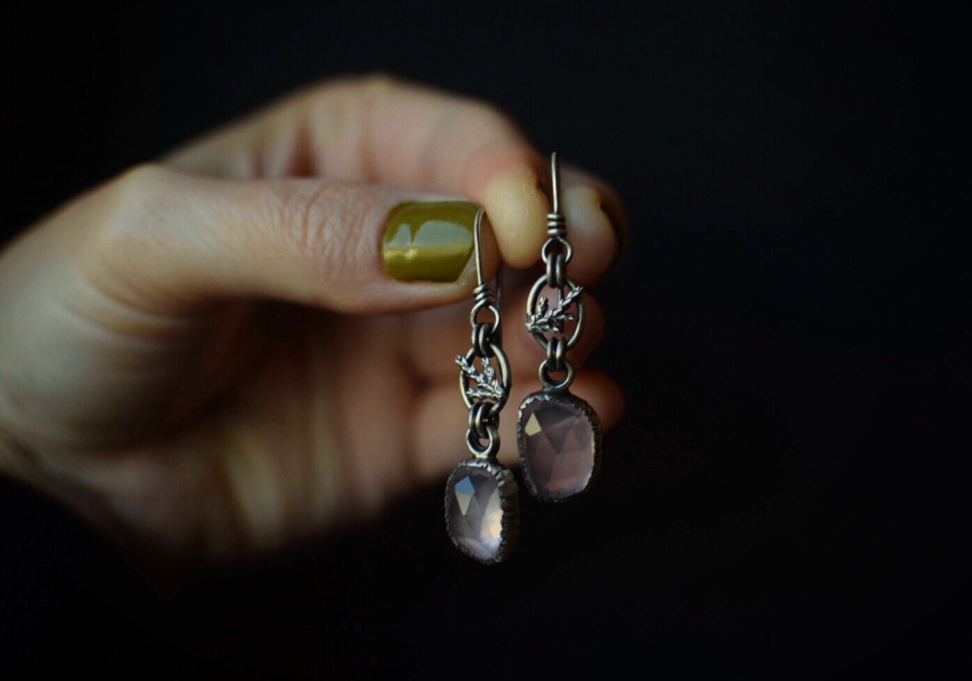 Rose Quartz and Fern Dangles