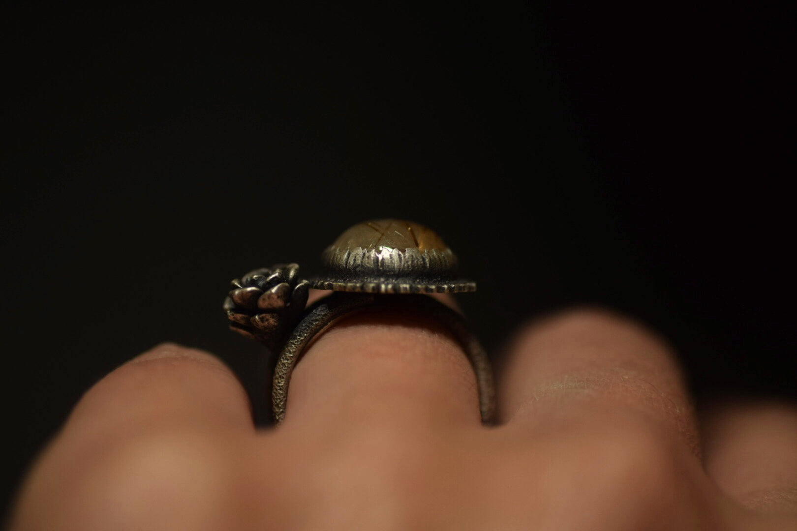 Golden Rutile Quartz & Succulent Ring - 7.25-7.5