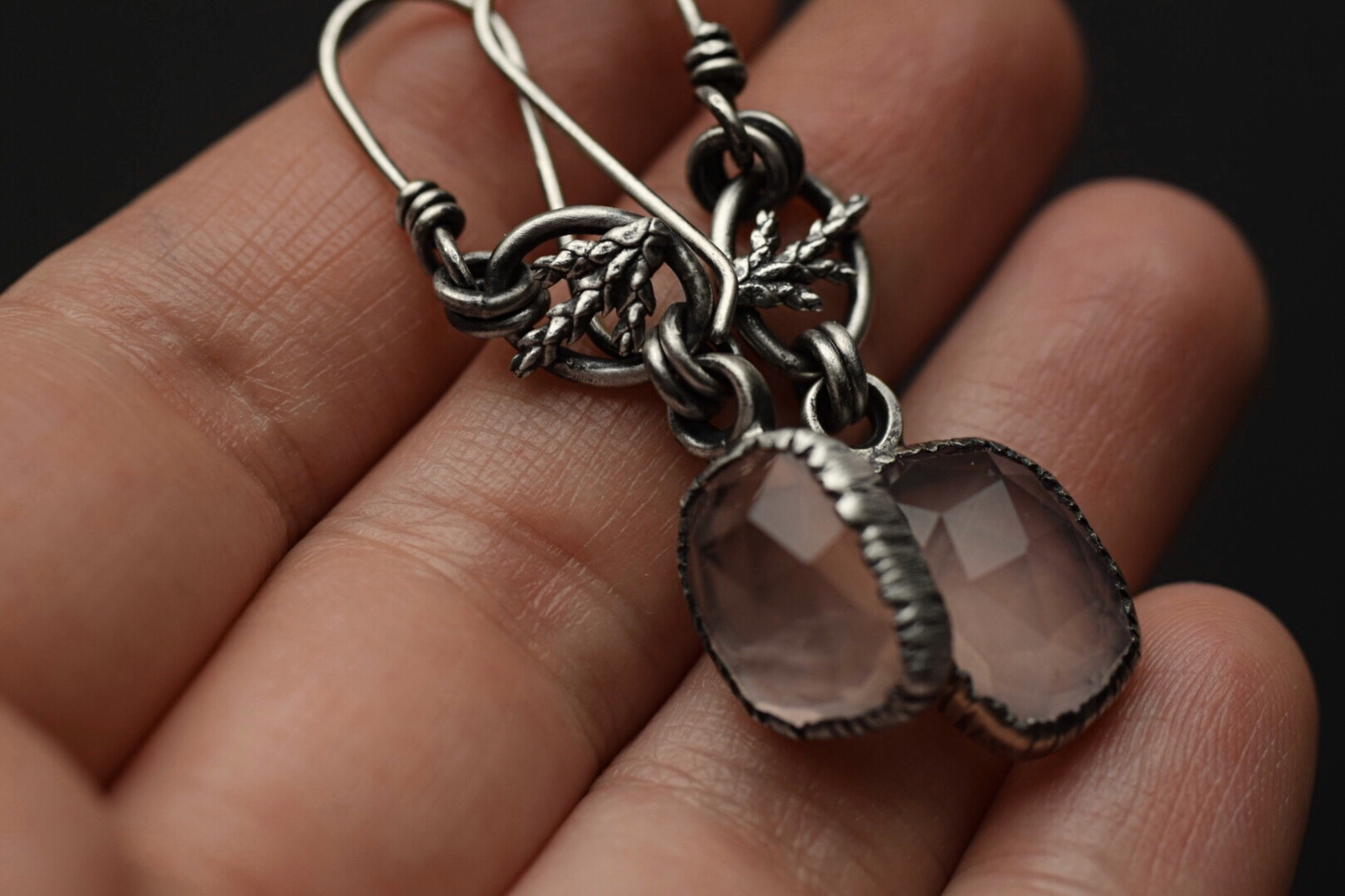 Rose Quartz and Fern Dangles