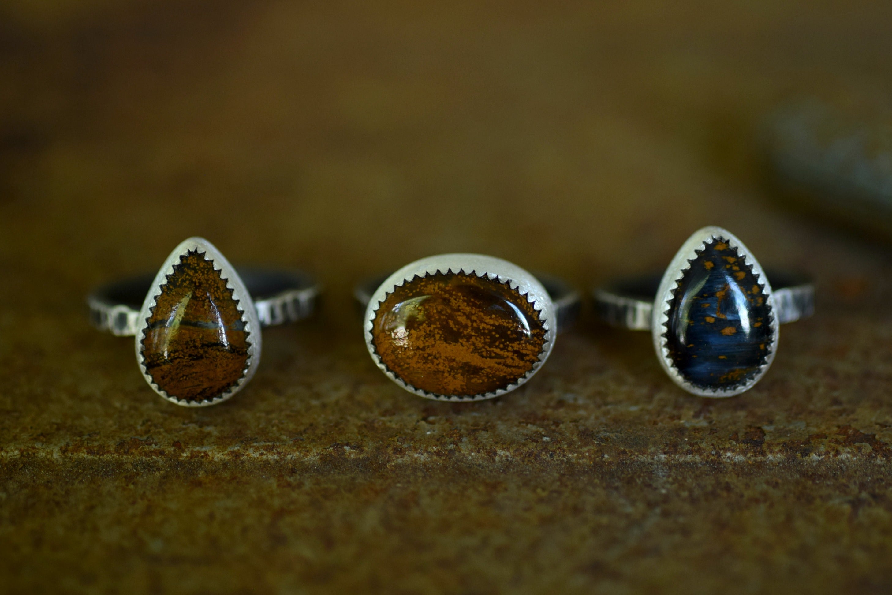 Sterling Silver Stacking Ring - Pietersite Ring - Ochre Stone - Autumn Fashion